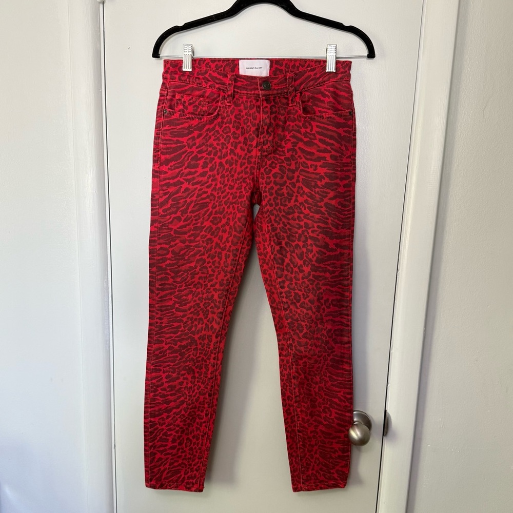 Current/Elliott Red & Black Leopard Print The Stiletto Skinny Jeans Size 25